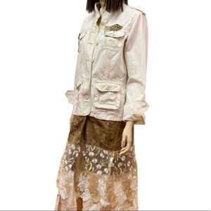 Ivory Denim Brown Stitch Button Down Tiered Lace Long Boho Punk Trench Jacket